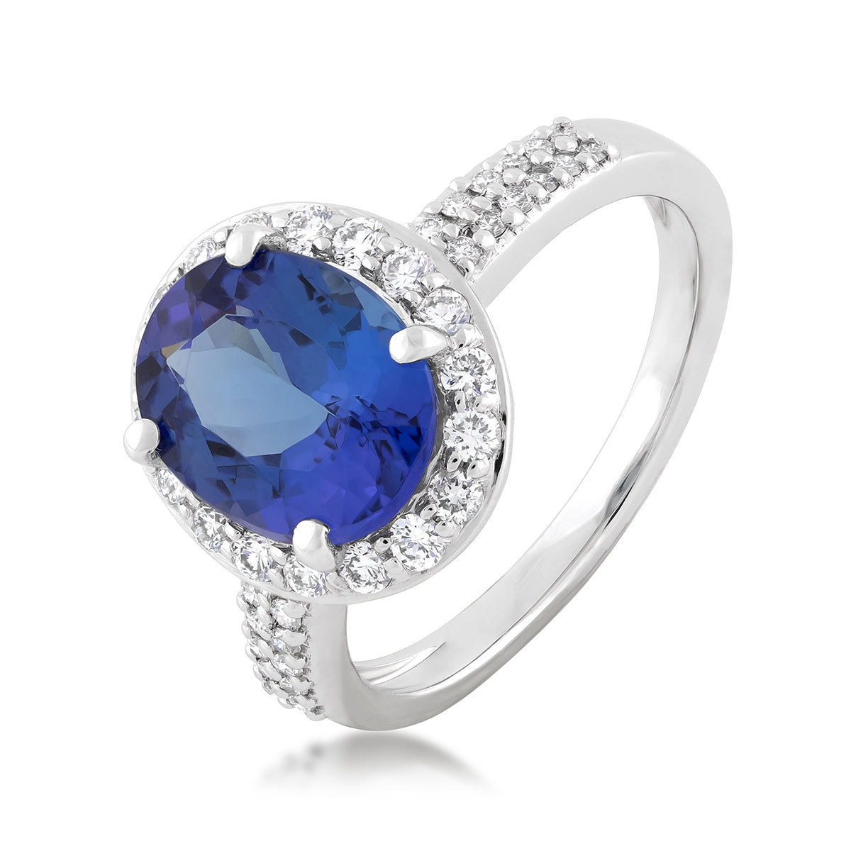 Oval Tanzanite & 1/2 ct. tw. Diamond Halo Ring in 14K White Gold front view (2)
