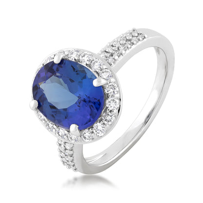 Oval Tanzanite & 1/2 ct. tw. Diamond Halo Ring in 14K White Gold front view (2)