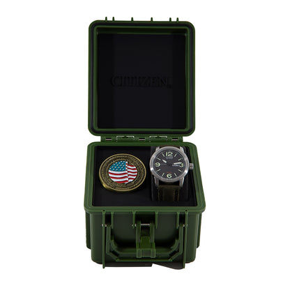 Citizen Men's Eco-Drive Stainless Steel Military Watch Box Set with Coin & Green Nylon Strap front view