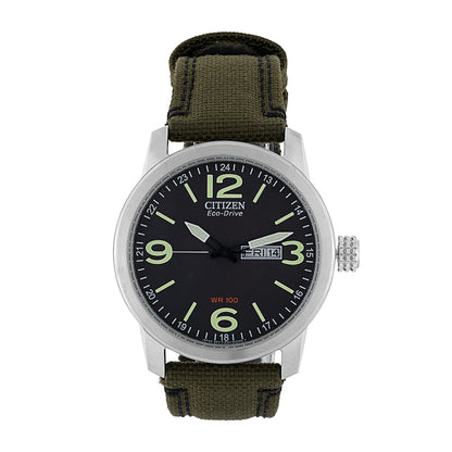 Citizen Men's Eco-Drive Stainless Steel Military Watch Box Set with Coin & Green Nylon Strap