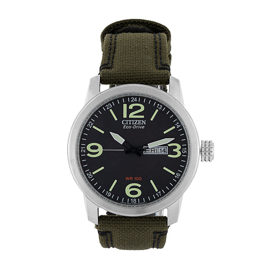 Citizen Men's Eco-Drive Stainless Steel Military Watch Box Set with Coin & Green Nylon Strap
