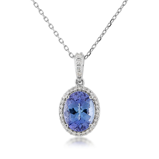 Oval Tanzanite & 1/8 ct. tw. Diamond Halo Pendant in 14K White Gold