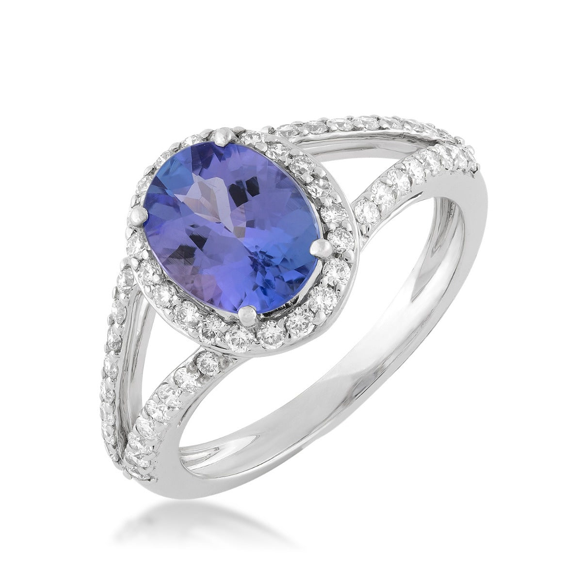 Oval Tanzanite & 3/8 ct. tw. Diamond Halo Split Shank Ring in 14K White Gold front view (2)