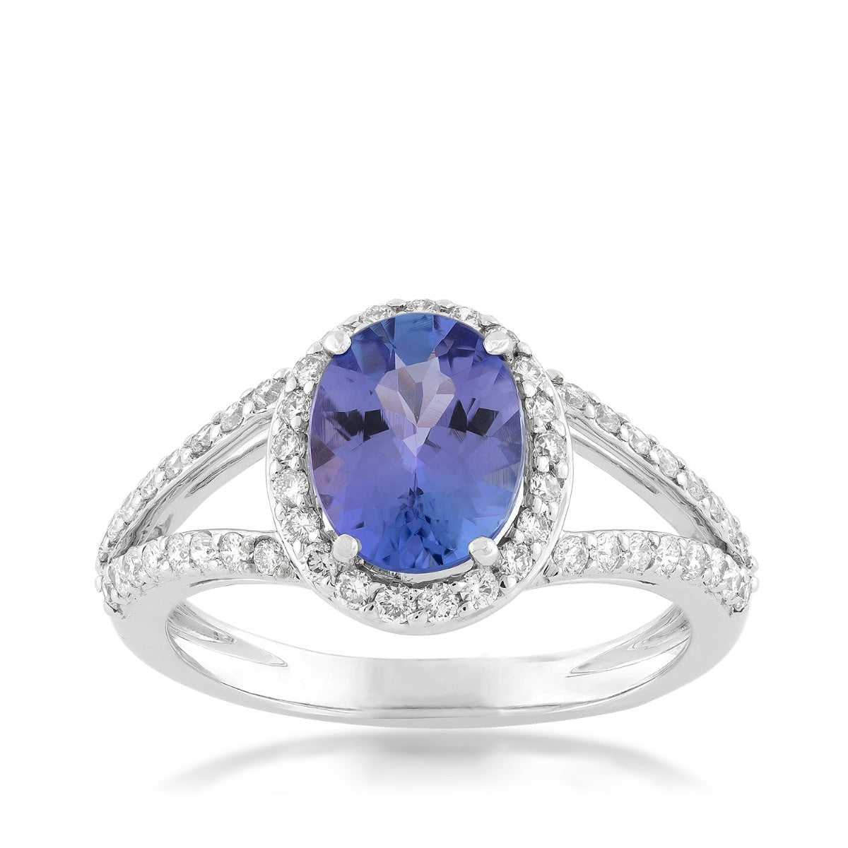 Oval Tanzanite & 3/8 ct. tw. Diamond Halo Split Shank Ring in 14K White Gold (3)