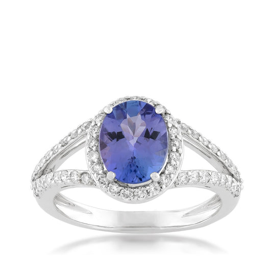 Oval Tanzanite & 3/8 ct. tw. Diamond Halo Split Shank Ring in 14K White Gold (3)
