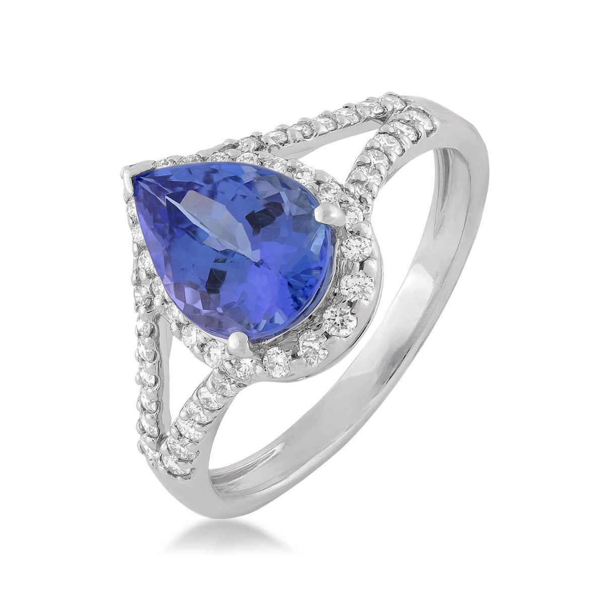 Pear Tanzanite & 1/3 ct. tw. Diamond Halo Split Shank Ring in 14K White Gold front view
