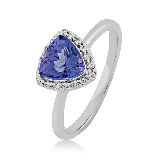 Trillion Tanzanite & 1/7 ct. tw. Diamond Halo Ring in 14K White Gold front view