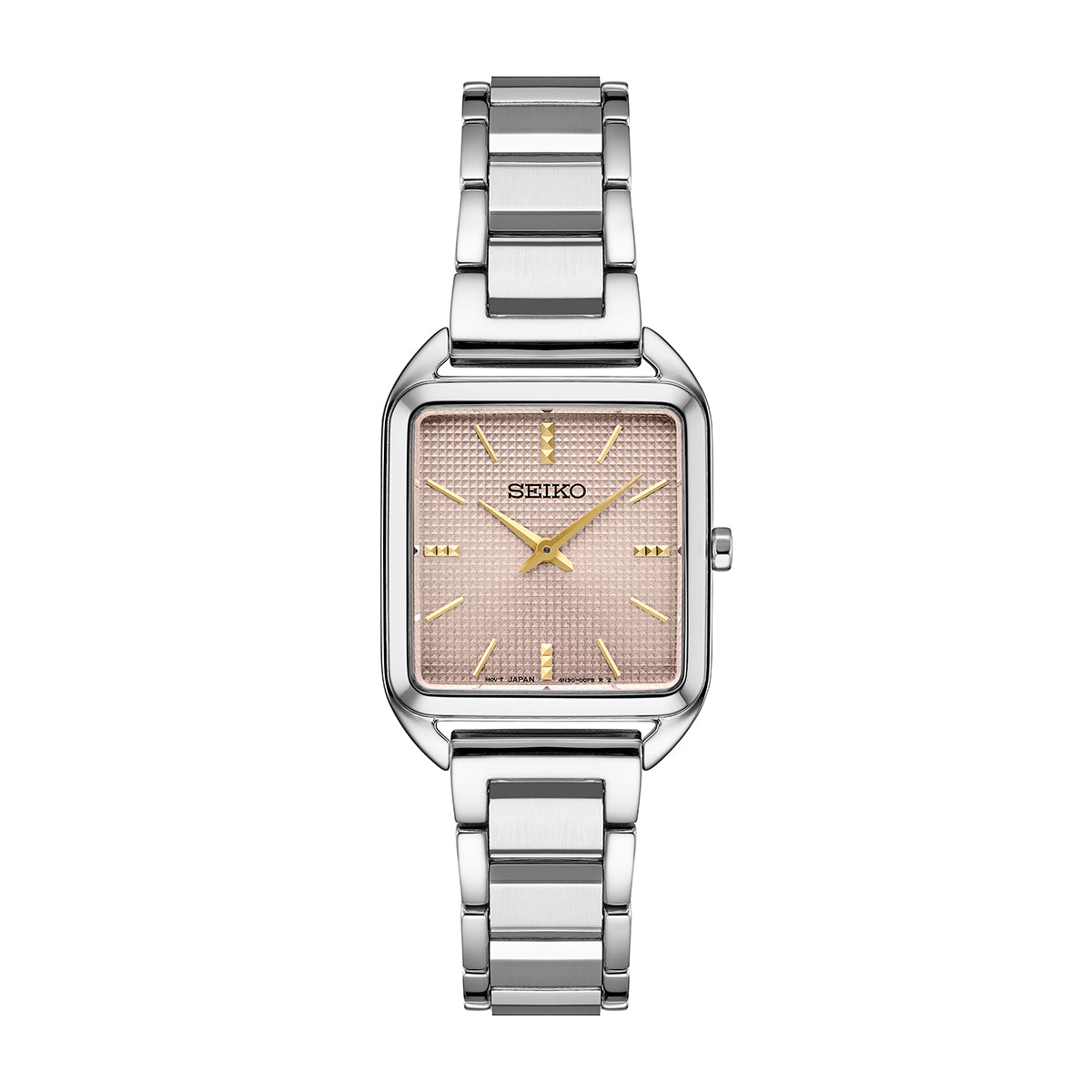 Seiko women’s watch with mauve pink textured dial and stainless steel bracelet