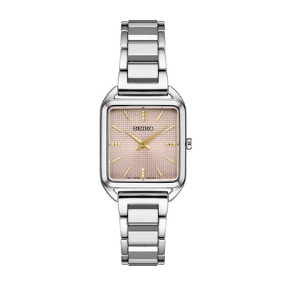 Seiko women’s watch with mauve pink textured dial and stainless steel bracelet