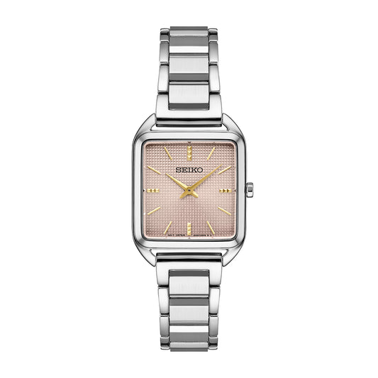 Seiko women’s watch with mauve pink textured dial and stainless steel bracelet