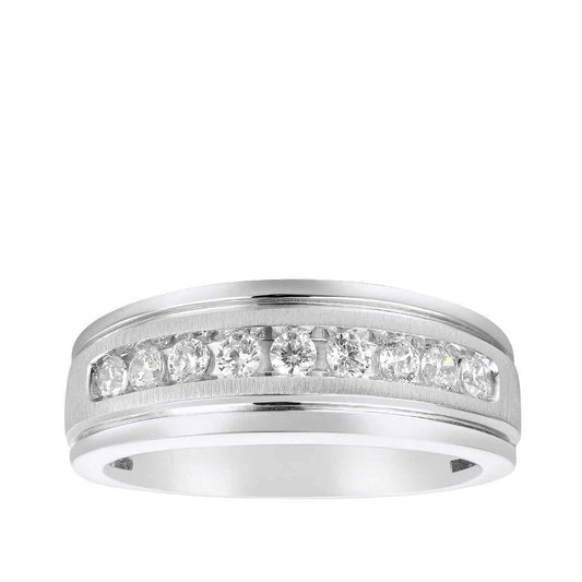 1 ct. tw. Men's 9-Stone Diamond Brushed Center Wedding Band in 10K White Gold