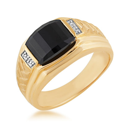 Men's Created Barrel Cut Onyx & Diamond Accent Braided Ring in 10K Yellow Gold front view