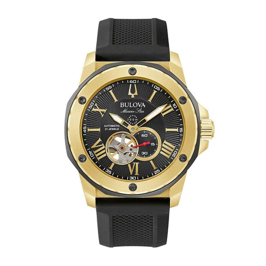 Bulova Men's Marine Star Automatic Stainless Steel Watch with Black Dial & Silicone Strap