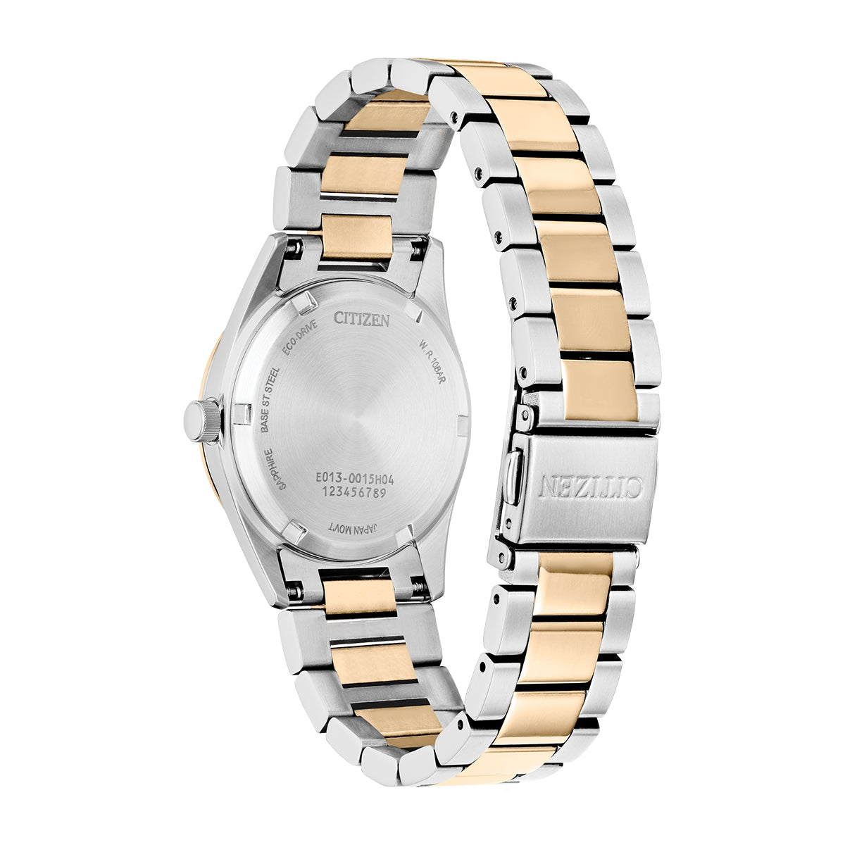Citizen Ladies' Sport Luxury Eco-Drive White & Gold-Tone Stainless Steel Watch with Diamond Accent Pink Dial close-up detail