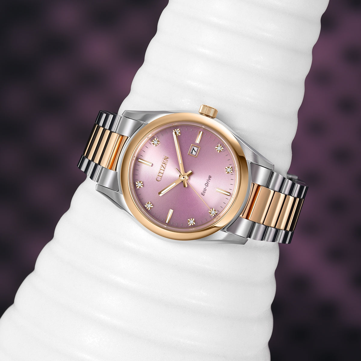 Citizen Ladies' Sport Luxury Eco-Drive White & Gold-Tone Stainless Steel Watch with Diamond Accent Pink Dial side profile