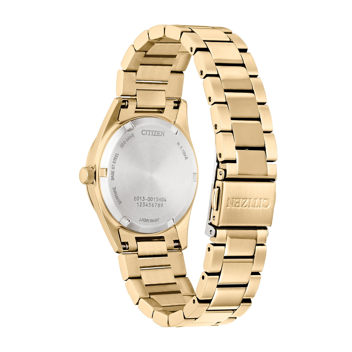 Citizen Ladies' Sport Luxury Eco-Drive Gold-Tone Stainless Steel Watch with Diamond Accent Mother of Pearl close-up detail