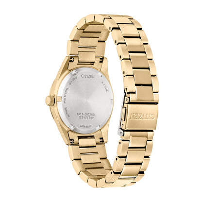 Citizen Ladies' Sport Luxury Eco-Drive Gold-Tone Stainless Steel Watch with Diamond Accent Mother of Pearl close-up detail