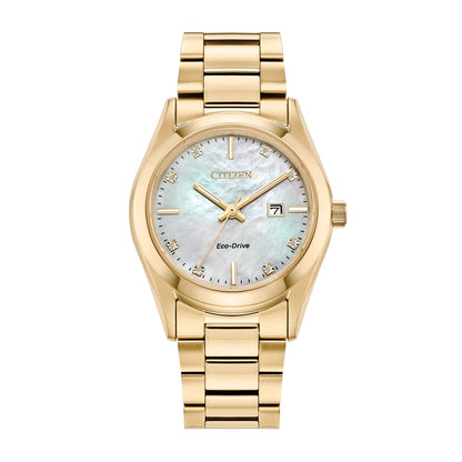 Citizen Ladies' Sport Luxury Eco-Drive Gold-Tone Stainless Steel Watch with Diamond Accent Mother of Pearl Dial