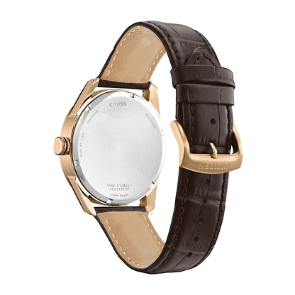 Citizen Men's Classic Eco-Drive Rose Gold-Tone Stainless Steel Watch with Ivory Dial & Brown Leather Strap close-up detail