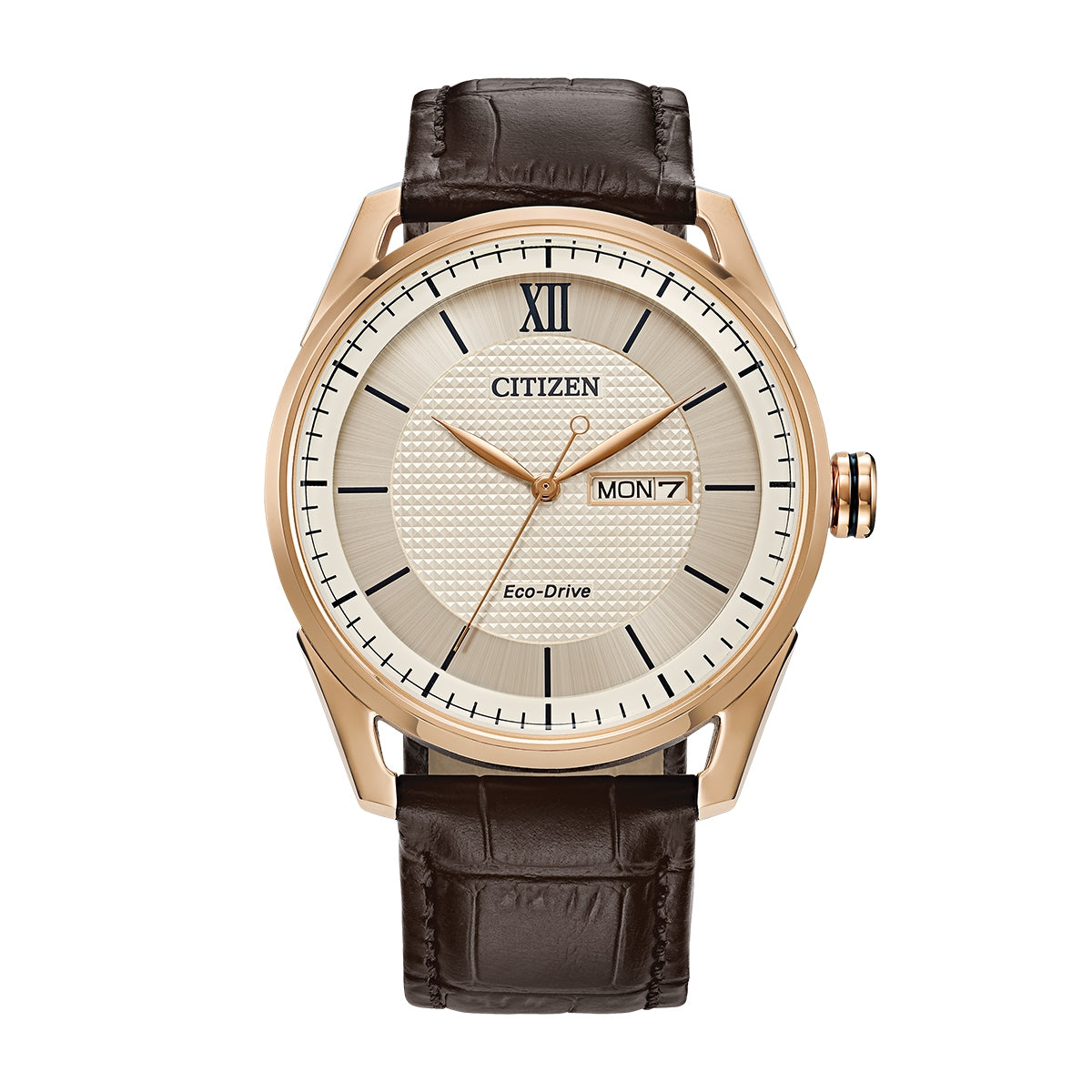 Citizen Men's Classic Eco-Drive Rose Gold-Tone Stainless Steel Watch with Ivory Dial & Brown Leather Strap