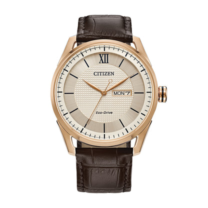 Citizen Men's Classic Eco-Drive Rose Gold-Tone Stainless Steel Watch with Ivory Dial & Brown Leather Strap