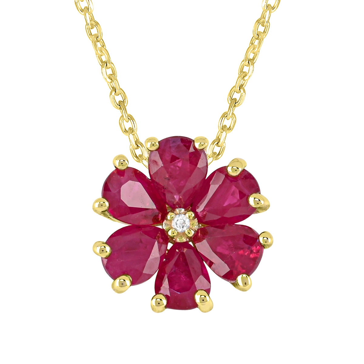 Pear Ruby & Diamond Accent Flower Pendant in 10K Yellow Gold