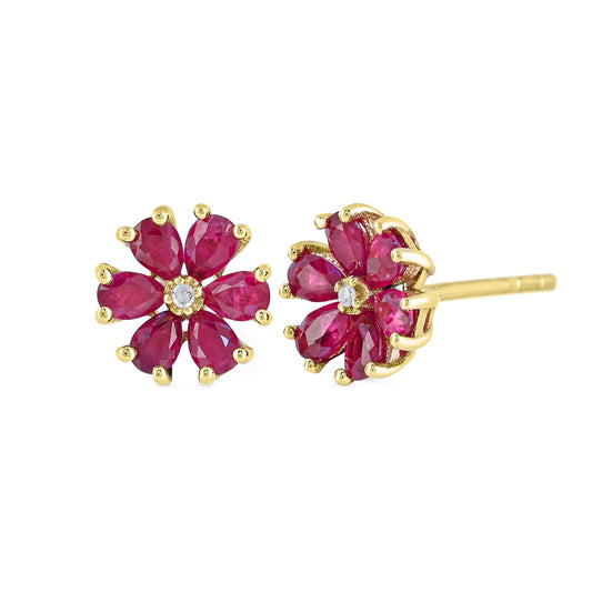 Pear Ruby & Diamond Accent Flower Earrings in 10K Yellow Gold