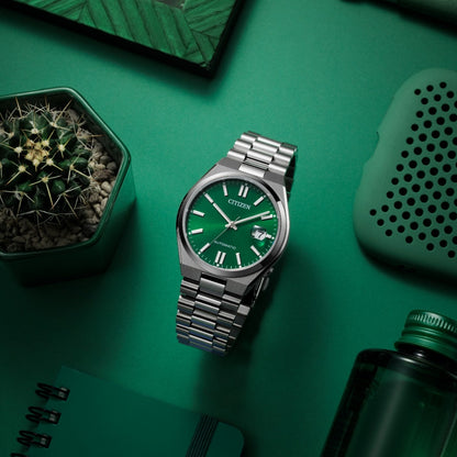 Citizen Men's TSUYOSA Automatic Stainless Steel Watch with Green Dial close-up detail