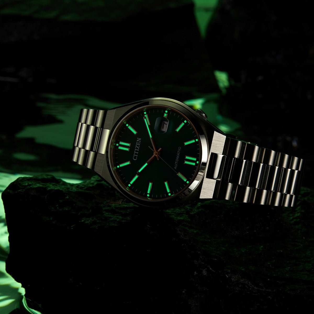Citizen Men's TSUYOSA Automatic Stainless Steel Watch with Green Dial side profile