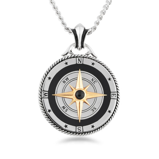 Men's Black Enamel Compass Pendant in 14K Yellow Gold Plating & Sterling Silver