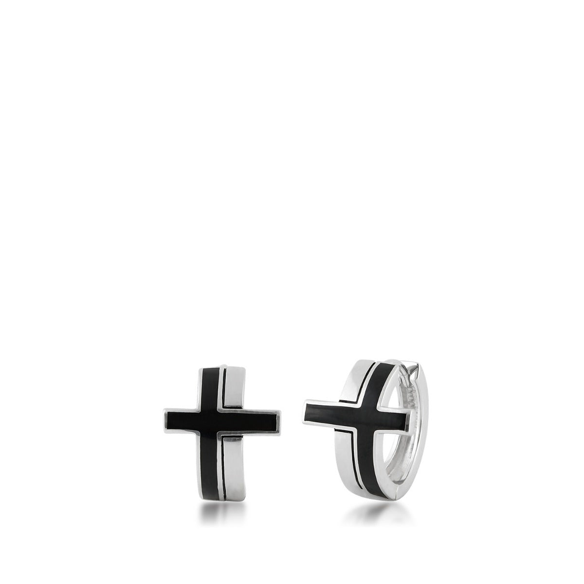 Men's Black Enamel Cross Hoop Earrings in Sterling Silver