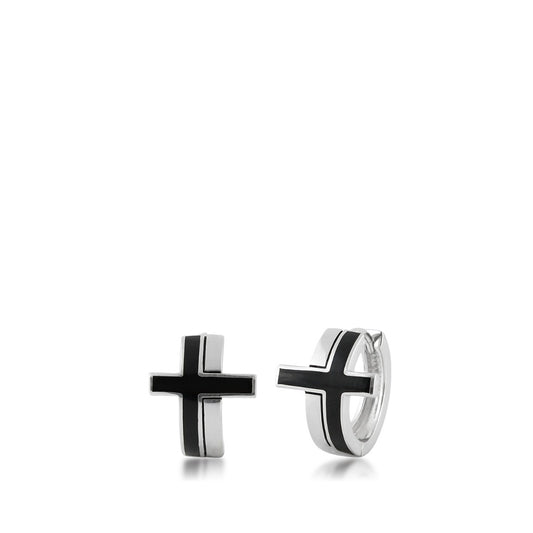 Men's Black Enamel Cross Hoop Earrings in Sterling Silver