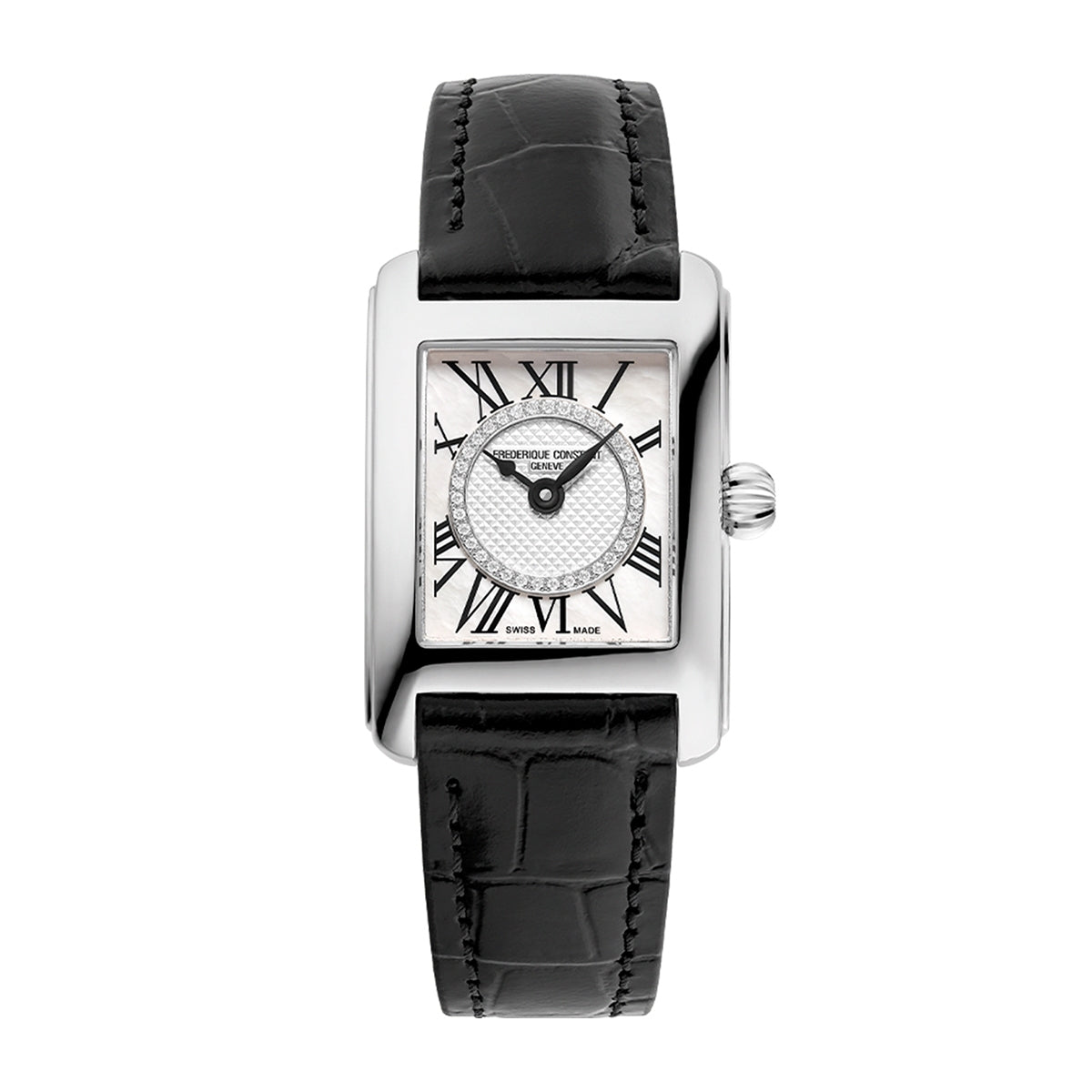 Frederique Constant Ladies' Classics Quartz Stainless Steel Watch with Black Leather Strap & Diamond Accent White Dial