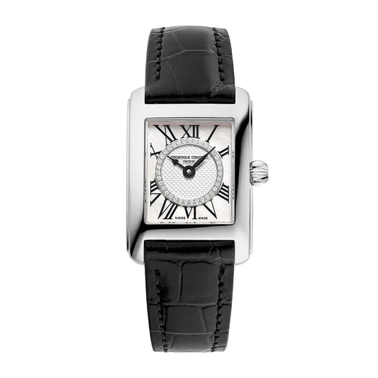 Frederique Constant Ladies' Classics Quartz Stainless Steel Watch with Black Leather Strap & Diamond Accent White Dial