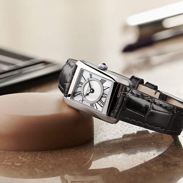 Frederique Constant Ladies' Classics Quartz Stainless Steel Watch with Black Leather Strap & Diamond Accent White front view
