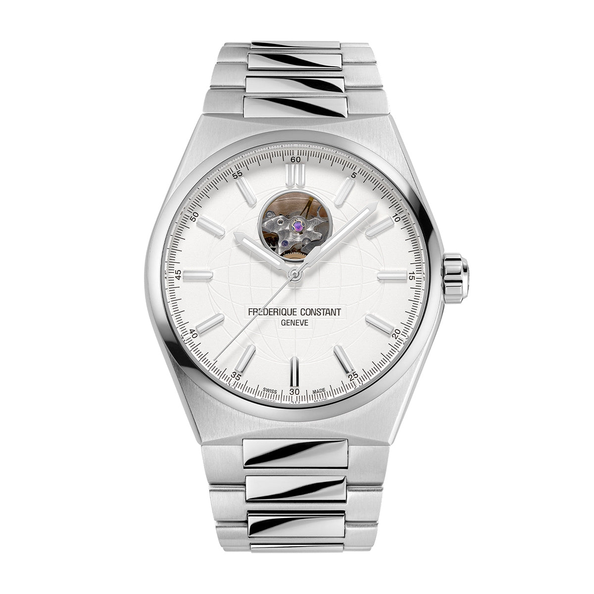 Frederique Constant Men's Highlife Heart Beat Automatic Open Aperture White Globe Pattern Dial Stainless Steel Watch