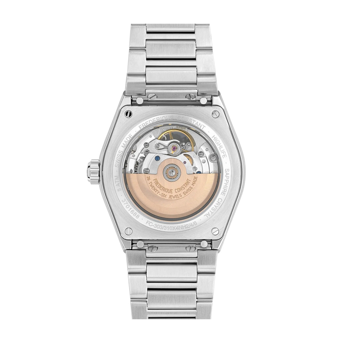 Frederique Constant Men's Highlife Heart Beat Automatic Open Aperture White Globe Pattern Dial Stainless Steel front view