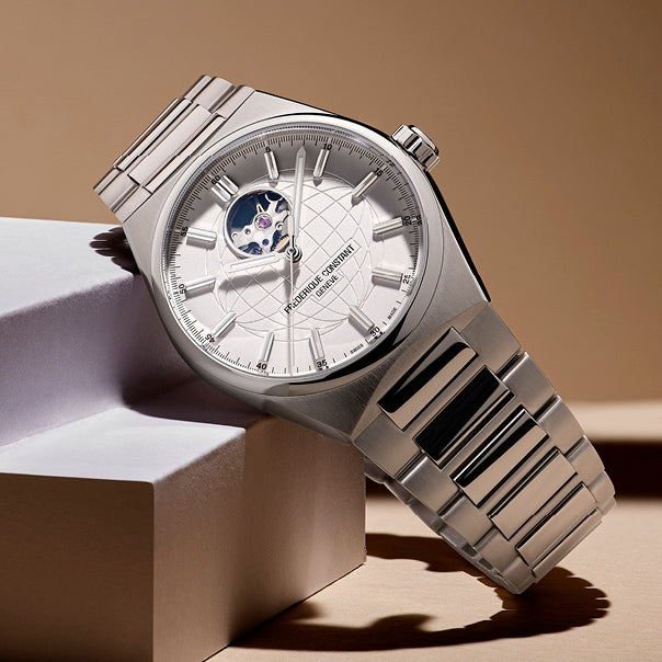 Frederique Constant Men's Highlife Heart Beat Automatic Open Aperture White Globe Pattern Dial Stainless close-up detail