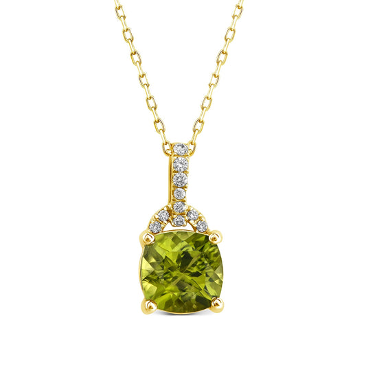 American Colors Cushion Peridot & 1/10 ct. tw. Diamond Pendant in 10K Yellow Gold