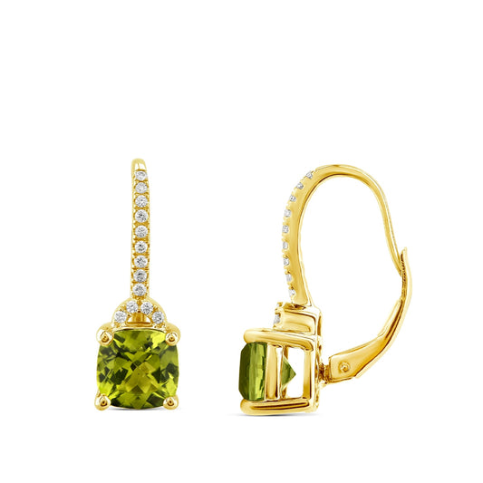 American Colors Cushion Peridot & 1/6 ct. tw. Diamond Dangle Earrings in 10K Yellow Gold