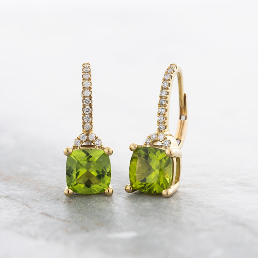 American Colors Cushion Peridot & 1/6 ct. tw. Diamond Dangle Earrings in 10K Yellow Gold front view