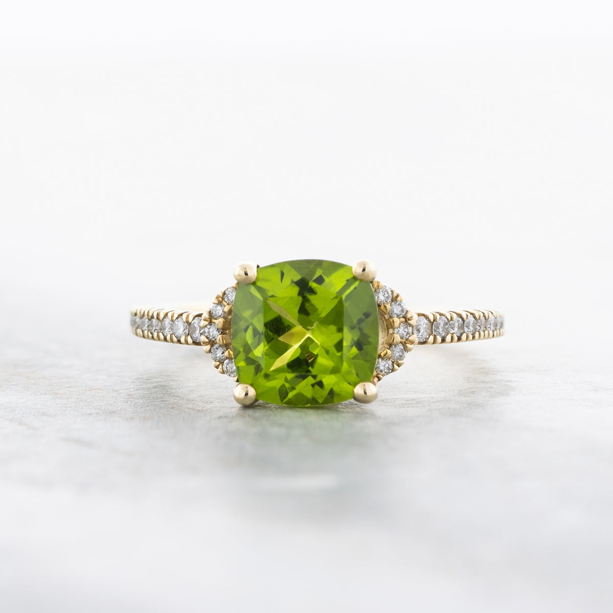 American Colors Cushion Peridot & 1/6 ct. tw. Diamond Ring in 10K Yellow Gold front view