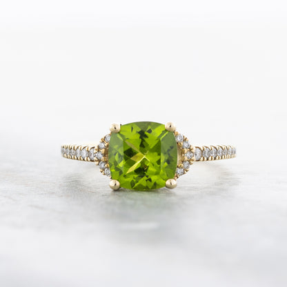 American Colors Cushion Peridot & 1/6 ct. tw. Diamond Ring in 10K Yellow Gold front view