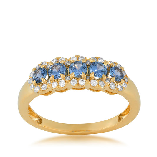 5-Stone Yogo Sapphire & 1/5 ct. tw. Diamond Ring in 14K Yellow Gold