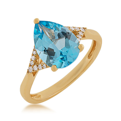 Pear Swiss Blue Topaz & Diamond Accent Ring in 10K Yellow Gold front view