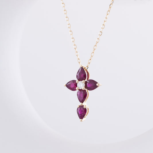 Pear Ruby & Diamond Accent Cross Pendant in 10K Yellow Gold front view