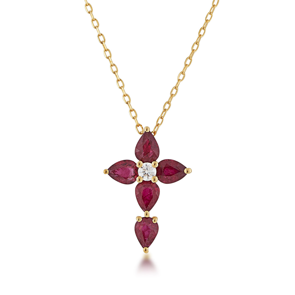 Pear Ruby & Diamond Accent Cross Pendant in 10K Yellow Gold