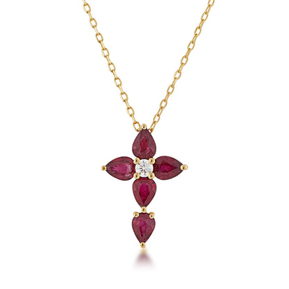 Pear Ruby & Diamond Accent Cross Pendant in 10K Yellow Gold
