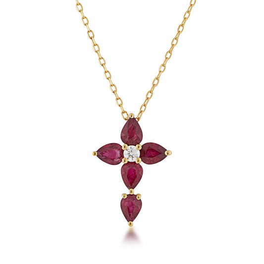 Pear Ruby & Diamond Accent Cross Pendant in 10K Yellow Gold
