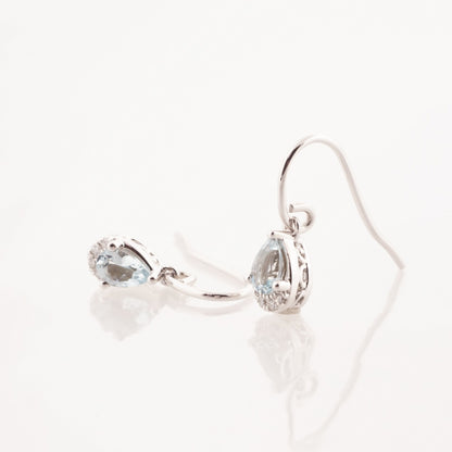 Pear Aquamarine & Diamond Accent Dangle Earrings in 10K White Gold front view